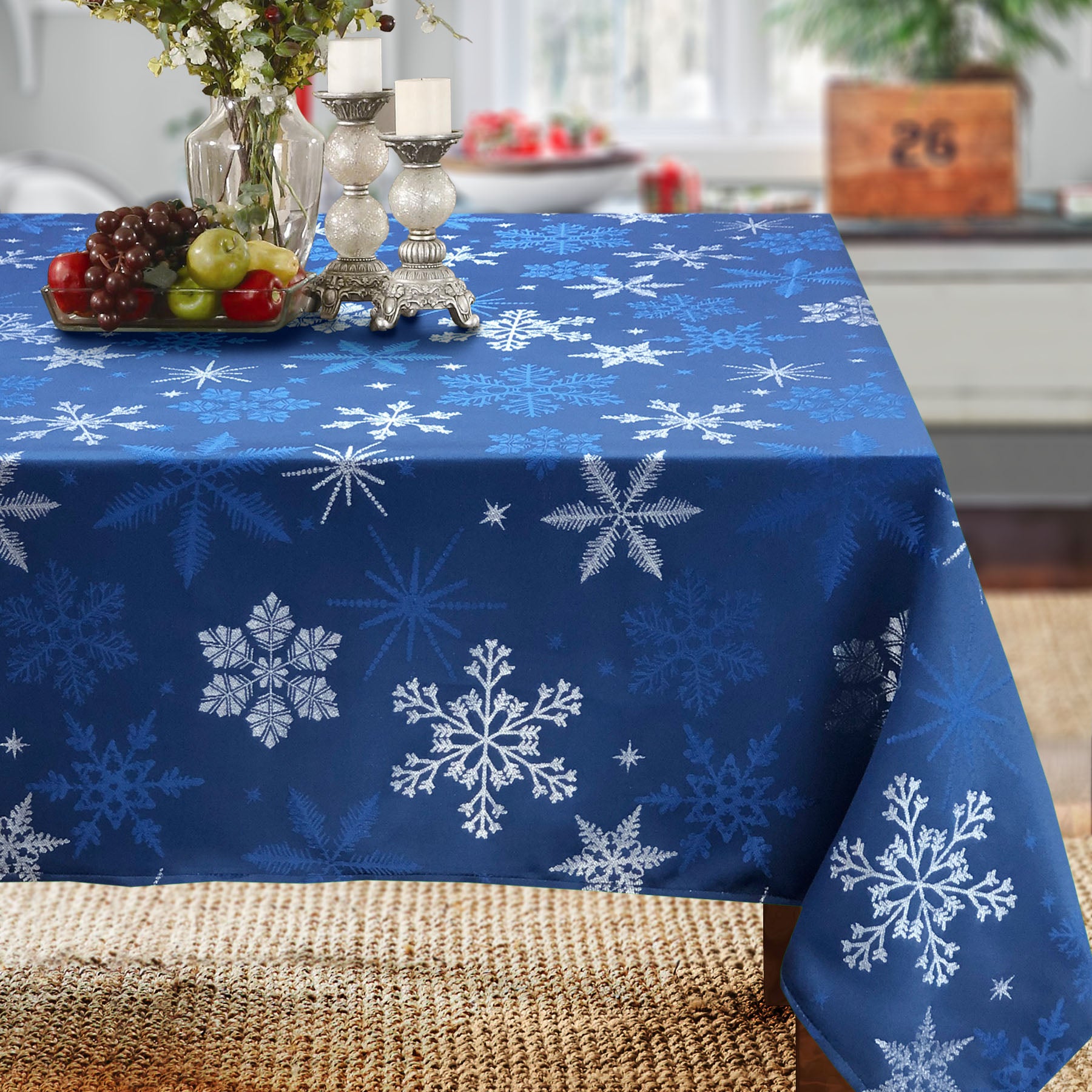 Holiday Blue Snowflakes Metallic Jacquard Woven Tablecloth