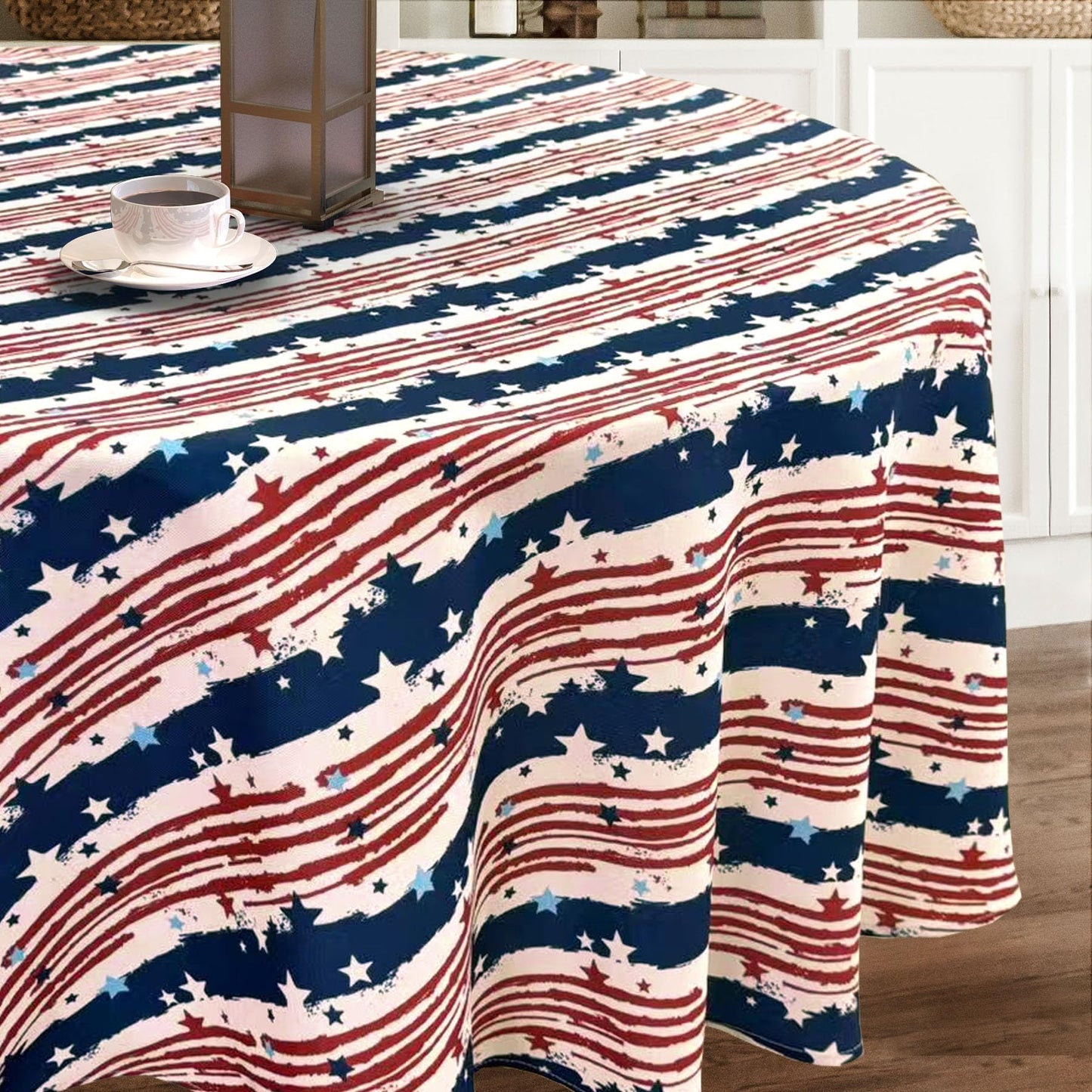 CAIT CHAPMAN HOME COLLECTION Red White Blue Stars and Strips Easy-Care Fabric Tablecloth (60"x84")