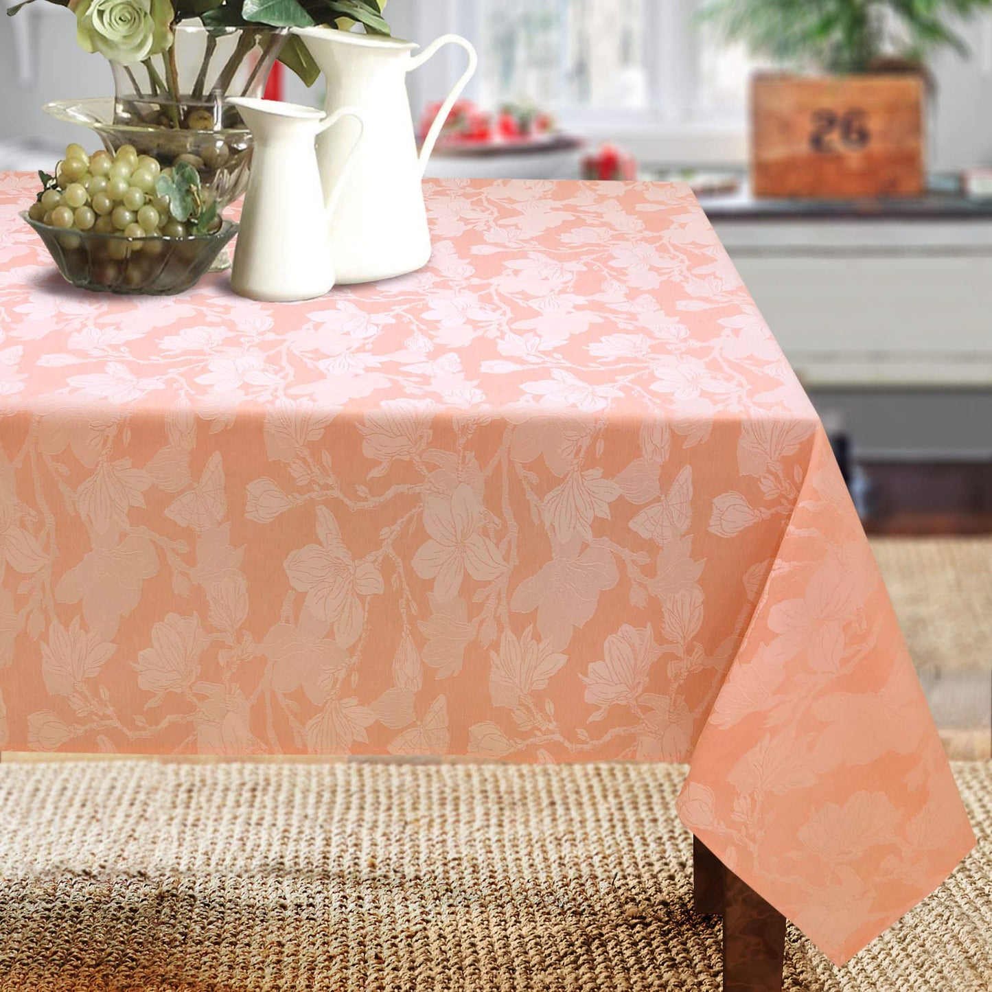 CAIT CHAPMAN HOME COLLECTION Spring Summer Botanic Garden Themed Jacquard Woven Tablecloth (70"x108" Tablecloth, Cantaloupe)