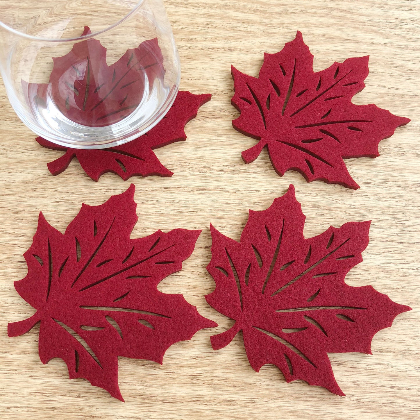 Maple Leaf Cutwork Felt Coasters, Set of 4 (Red)