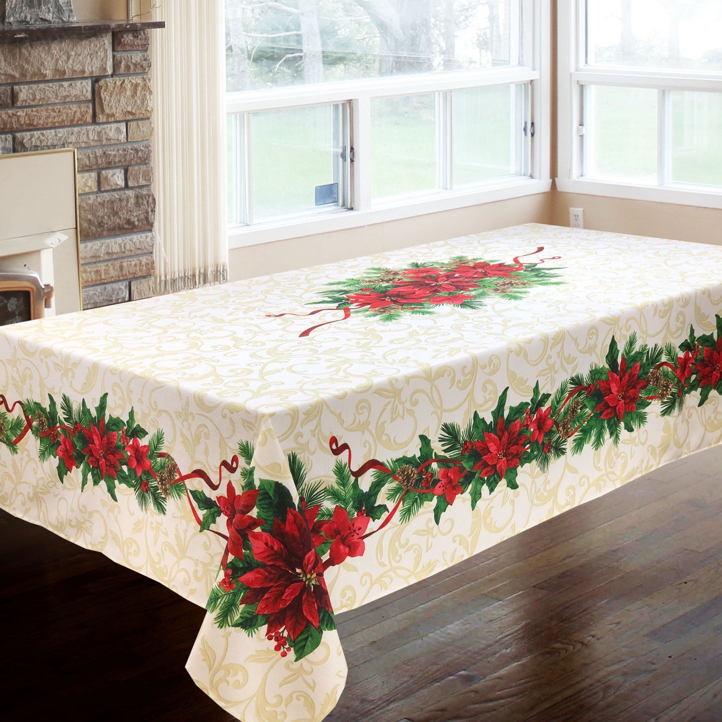 Holiday Plants Poinsettias Berries, Pine Cones Easy-Care Panel-Pattern Printed Tablecloth