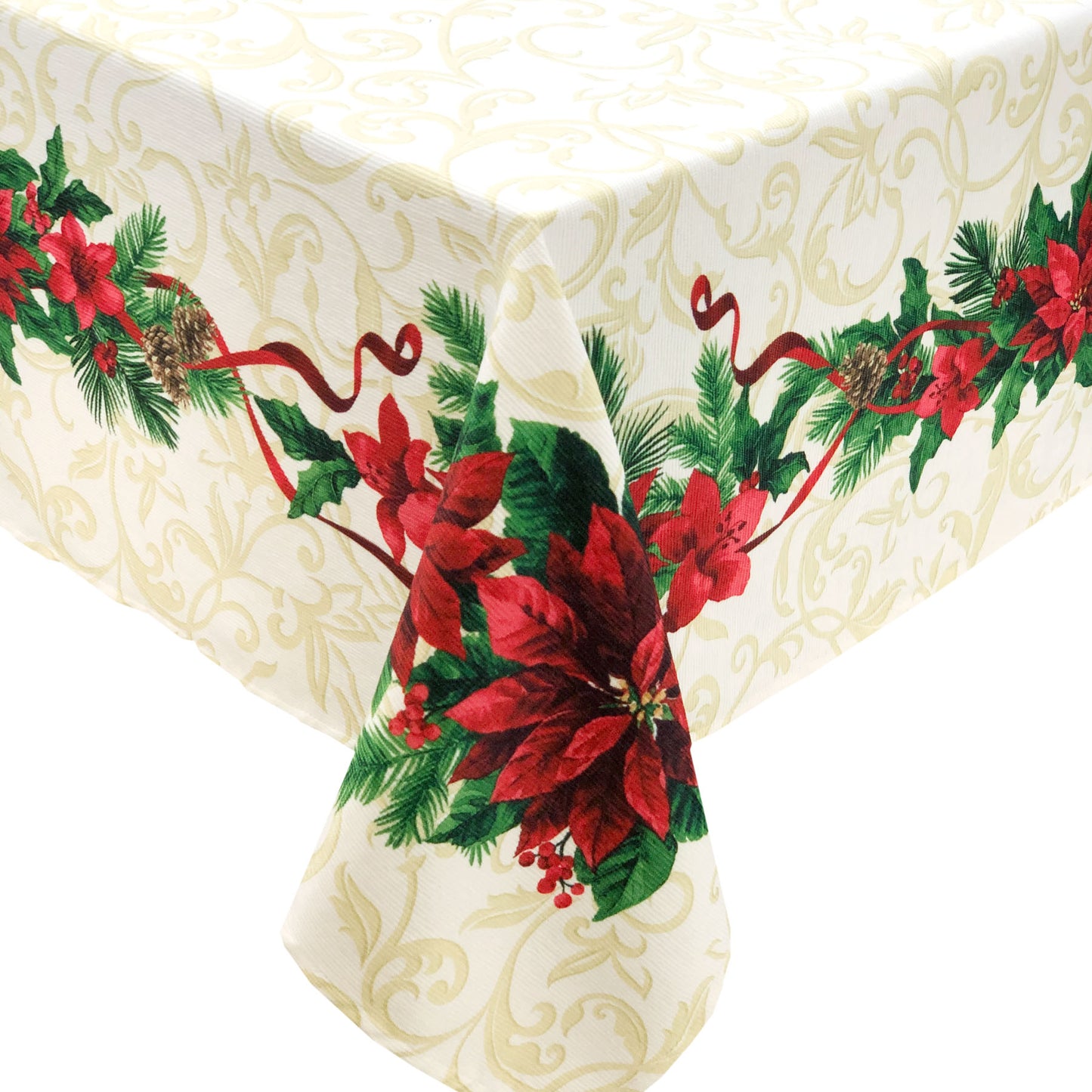 Holiday Plants Poinsettias Berries, Pine Cones Easy-Care Panel-Pattern Printed Tablecloth