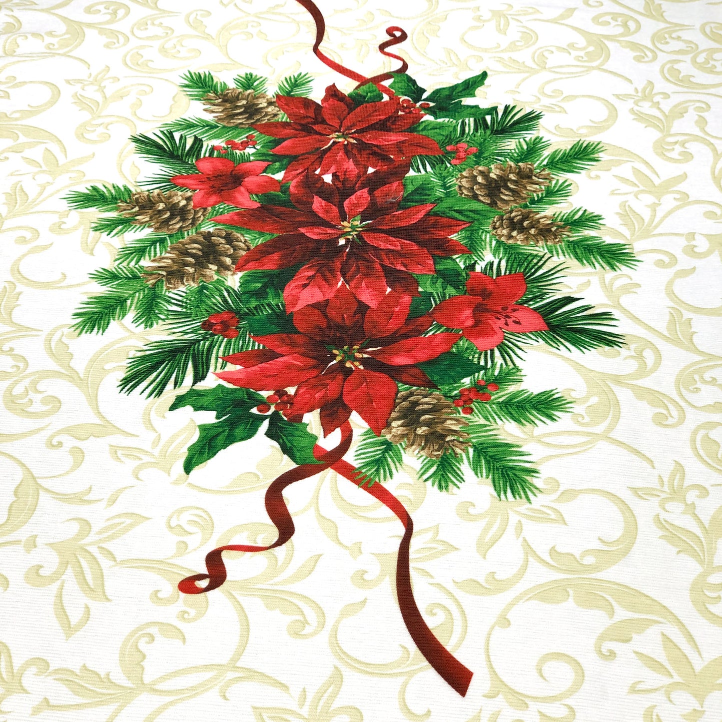 Holiday Plants Poinsettias Berries, Pine Cones Easy-Care Panel-Pattern Printed Tablecloth