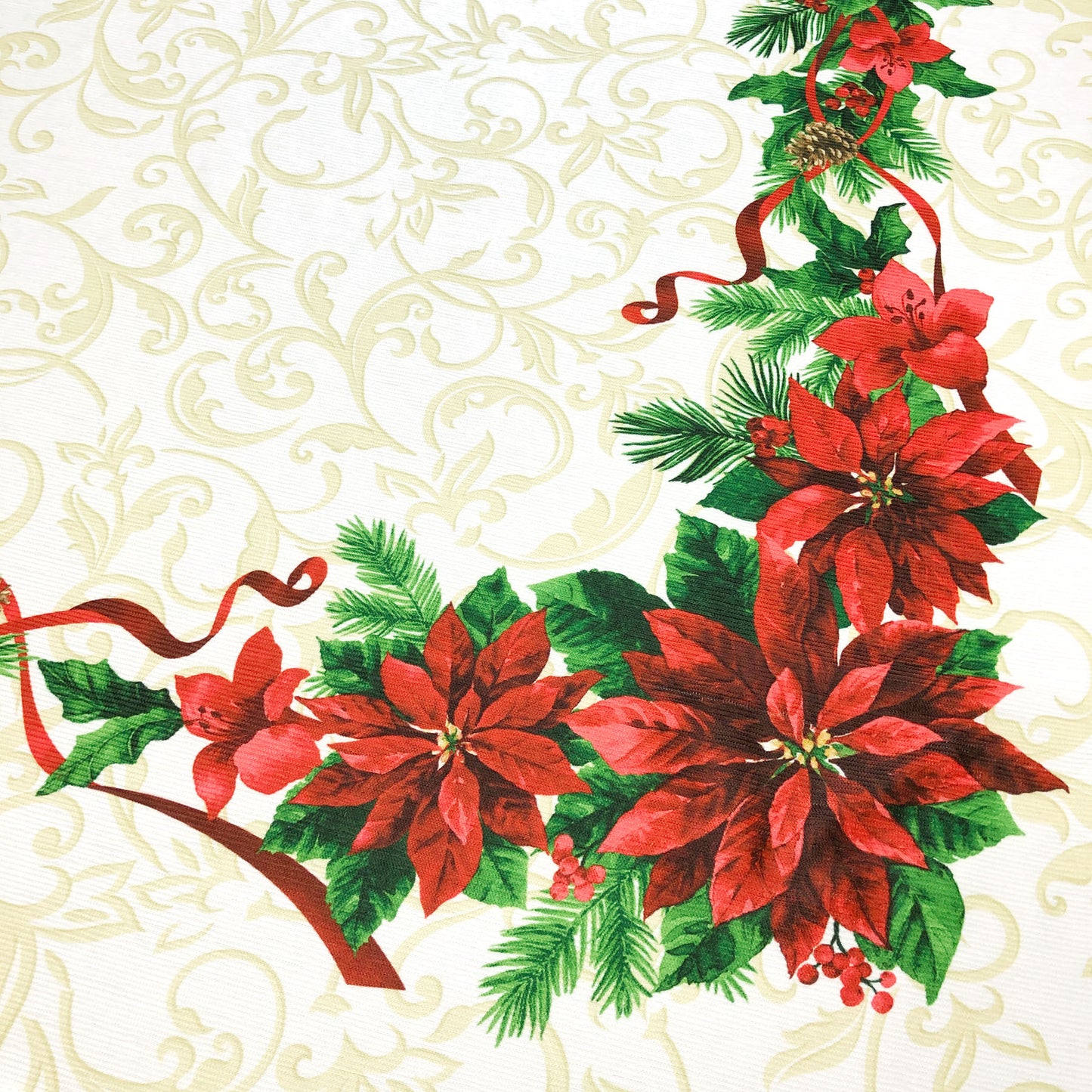 Holiday Plants Poinsettias Berries, Pine Cones Easy-Care Panel-Pattern Printed Tablecloth