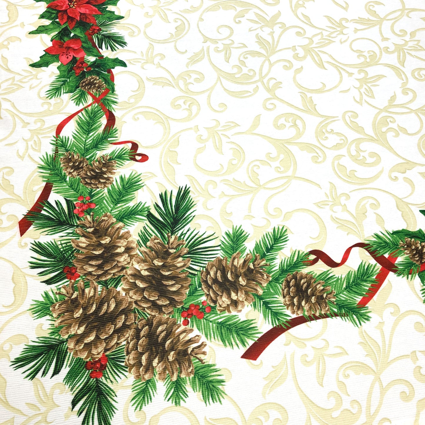 Holiday Plants Poinsettias Berries, Pine Cones Easy-Care Panel-Pattern Printed Tablecloth