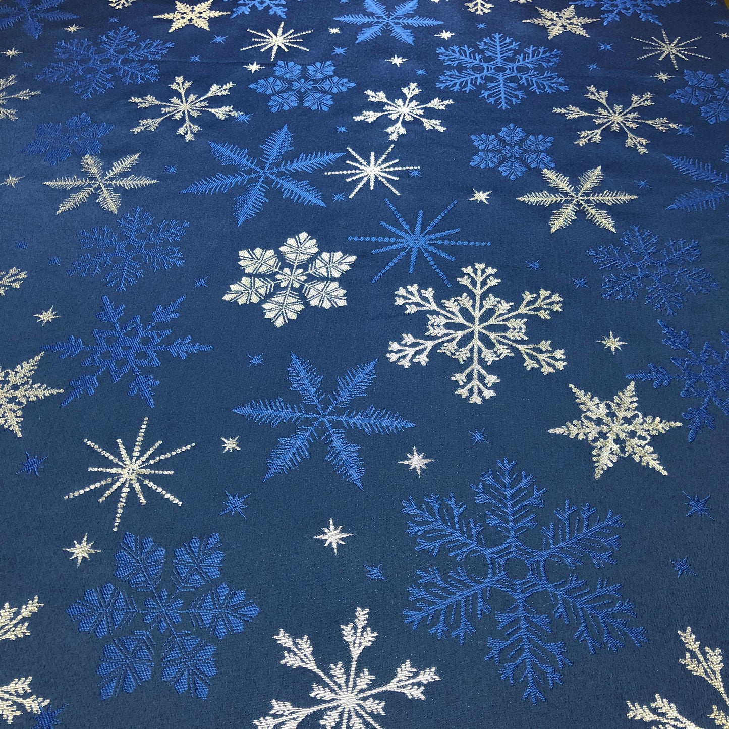 Holiday Blue Snowflakes Metallic Jacquard Woven Tablecloth